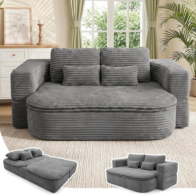 75" Boneless Couch Bed, Corduroy Fold Up Sleeper Sofa for Adults, Memory Foam Frameless Floor Couch with 4 Pillows & Blanket, No Assembly Foldable Guest Bed for Apartment,Living Room