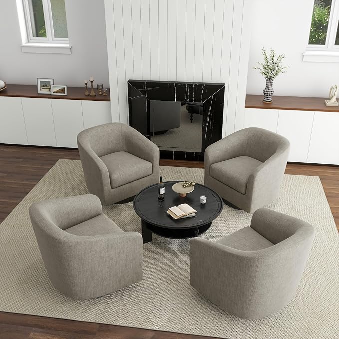 360° Swivel Barrel Accent Chair Armchair, Round Club Arm Chair in Fabric for Lving Room, Modern Upholstered Small Bedroom Single Sofa Seat - Khaki, Set of 4