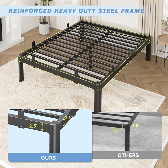 14 Inch Full Size Bed Frame, Reinforced Heavy Duty Metal Full Bed Frame with Rounded Corner & No-Slip Mattress Grip, 4000LBS Squeak-Free Platform Bed Frame with Headboard Holes Easy Assembly