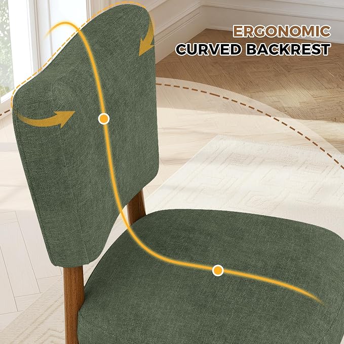 Dining Chairs Set of 6, Linen Upholstered, Solid Wood Legs, Green | Mid Century Modern Farmhouse, Cross-Brace Reinforced, Padded Cushion, Easy 15-Min Assembly, Kitchen Dining Room