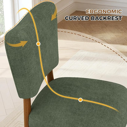 Dining Chairs Set of 6, Linen Upholstered, Solid Wood Legs, Green | Mid Century Modern Farmhouse, Cross-Brace Reinforced, Padded Cushion, Easy 15-Min Assembly, Kitchen Dining Room