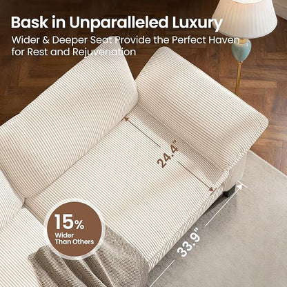 PHI VILLA Cloud Modular Couch Sets with Swivel Accent Chair, 123.6" Sectional Sofa with L-Shaped Chaise, 4-Seater Upholstered Couches with Movable Ottoman for Living Room, Corduroy Fabric, Beige