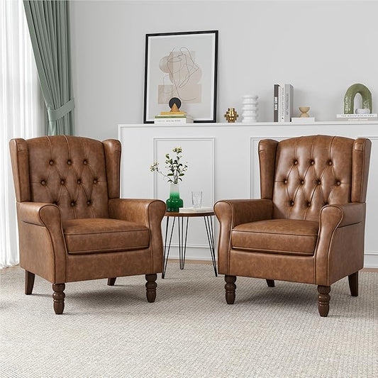 Faux Leather Wingback Chairs Set of 2, High Back Accent Chair for Living Room, Button-Tufted Upholstered Armchair with Solid Wood Legs, Comfy Reading Chair for Bedroom, Brown