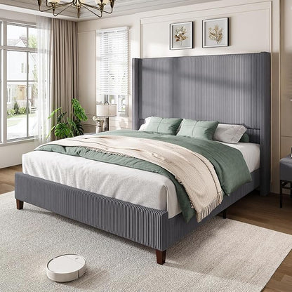 AMERLIFE King Size 62" Corduroy Upholstered Bed Frame, Luxurious Platform Bed with Extra Tall Wingback Headboard and Vertical Stripe, No Box Spring Needed/Solid Wood Slats & Legs/Gray