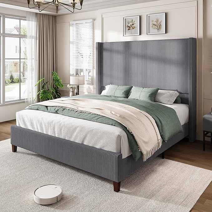 AMERLIFE Queen Size 62" Corduroy Upholstered Bed Frame, Luxurious Platform Bed with Extra Tall Wingback Headboard and Vertical Stripe, No Box Spring Needed/Solid Wood Slats & Legs/Gray