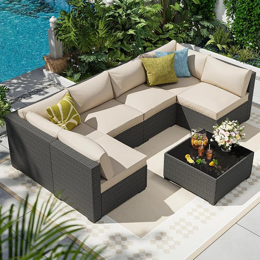 olimix 7 Piece Outdoor Patio Furniture Set, Outdoor Sectional Furniture, Rattan & Wicker Modern Modular Conversation Set Sofa Couch W/Water Resistant Washable Thick Cushions, Black/Beige