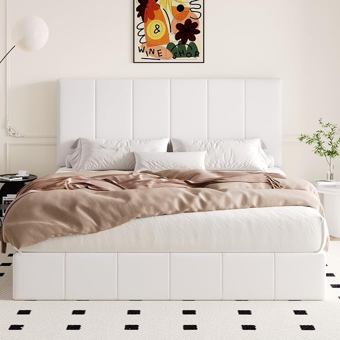Allewie King Size Velvet Lift Up Storage Bed Frame, Vertical Channel Tufted Headboard, Hydrualic Underneath Storage, Upholstered Platform Bed, Wooden Slats Support, No Box Spring Needed, White
