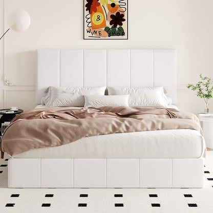 Allewie King Size Velvet Lift Up Storage Bed Frame, Vertical Channel Tufted Headboard, Hydrualic Underneath Storage, Upholstered Platform Bed, Wooden Slats Support, No Box Spring Needed, White
