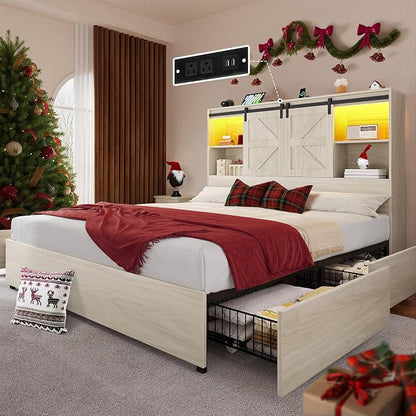 YITAHOME Farmhouse Queen Size Bed with 50" Tall Storage Bookcase Headboard, Sliding Barn Door, 4 Storage Drawers, RGB LED Bed Frame w/Type-C&USB Charging Station, No Box Spring Needed, Antique White