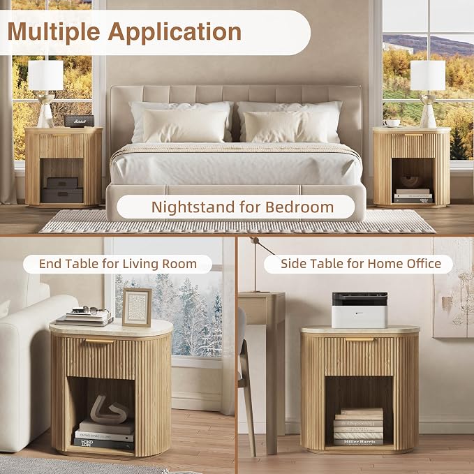 Fluted Marble Nightstand Set of 2, 23.6" Large Bedside Side Table with Drawer, Wood End Table with Storage, Curved Round Corner, Furniture Bedroom Sofa, Mid Century Modern,Oak, Marble