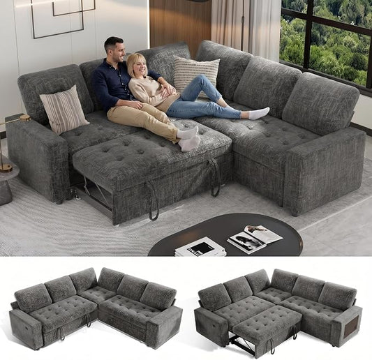 Sunny Heart 5-Seat Modular Sleeper Sofa with Pull-Out Bed & Storage, L-Shaped Chenille Sectional Couch, Reclining Backrest & USB Charging for Living Room,Guest Room Dark Grey