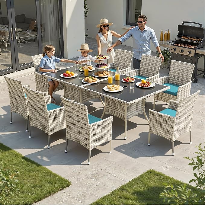 10-Piece Patio Dining Set, Patio Furniture Set with Square Tempered Glass Table & 8 Wicker Chairs, Expandable Design for Larger Groups, Outdoor Furniture for Backyard, Deck, Garden, Turquoise