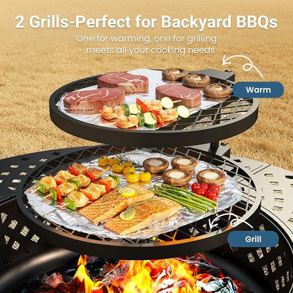 Wisteria Lane 3 in 1 48" Extra Large Fire Pit for Outside Wood Burning with 2 Adjustable Grills, Outdoor Fireplace with Lid and Fire Poker, BBQ & Bonfire & Round Metal Table for Patio, Backyard