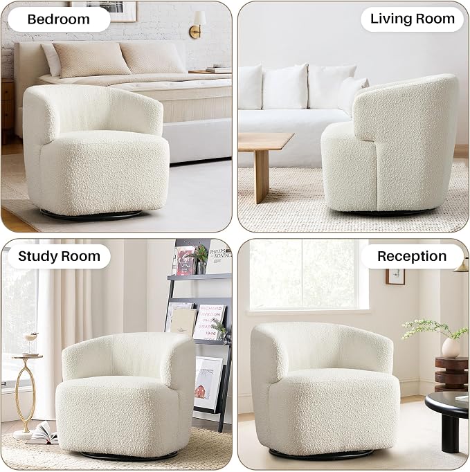 SOFTHION Swivel Accent Chair, Sherpa Teddy Barrel Chair for Living Room, Cozy Round Boucle Arm Chair, Metal Base for Club Nursery Bedroom, White