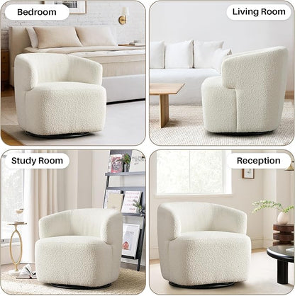 SOFTHION Swivel Accent Chair, Sherpa Teddy Barrel Chair for Living Room, Cozy Round Boucle Arm Chair, Metal Base for Club Nursery Bedroom, White