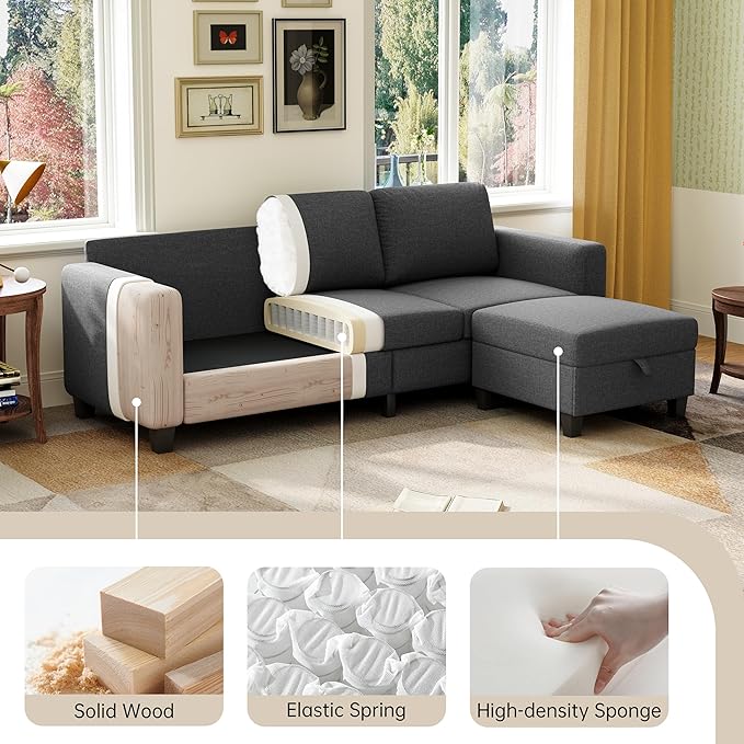 78" Sectional Sofa Couches for Living Room, Dark Grey L Shaped Couch with Storage Ottoman, Deep Seat Pet-Friendly Linen Fabric Sofa Set for Small Space, Apartment, Dorm