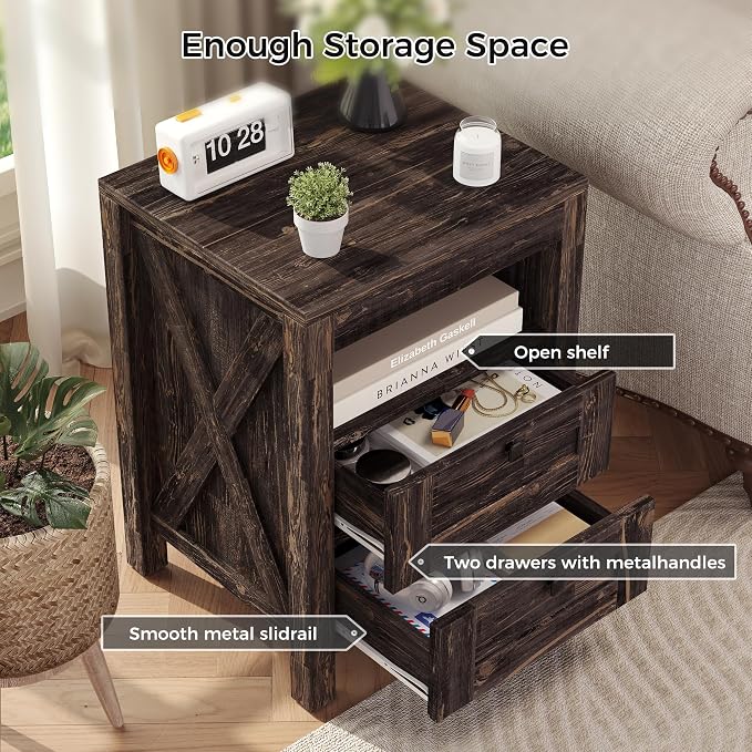 Luoxiao Nightstand Set of 2 with Charging Station, End Table, 18" Farmhouse Side Table with 2 Storage Drawers, Rustic Wooden Sofa Table, Bedside Cabinet for Living Room, Bedroom