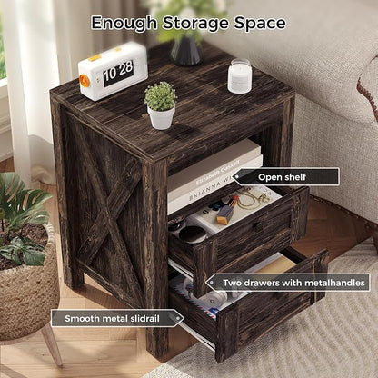 Luoxiao Nightstand Set of 2 with Charging Station, End Table, 18" Farmhouse Side Table with 2 Storage Drawers, Rustic Wooden Sofa Table, Bedside Cabinet for Living Room, Bedroom