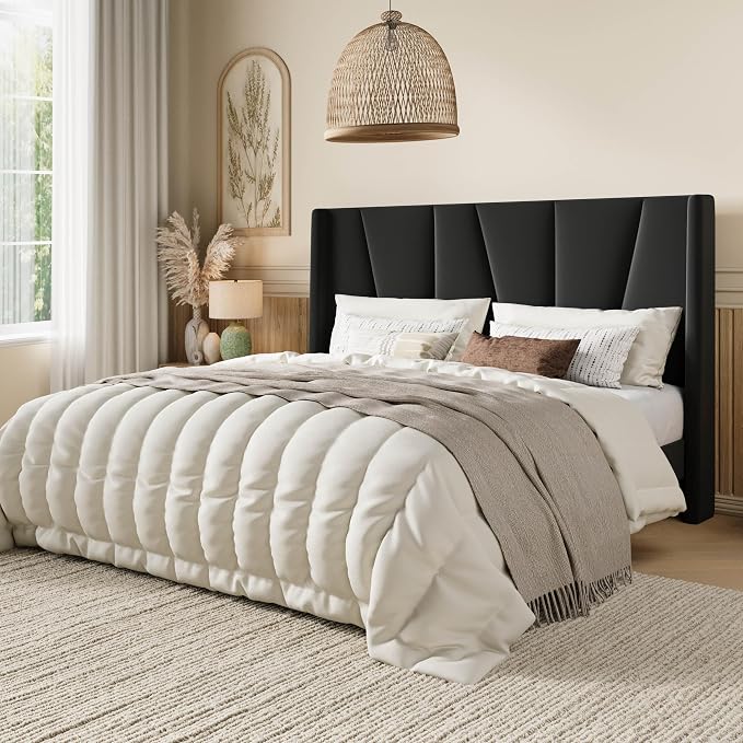 SHA CERLIN Queen Size Bed Frame with Geometric Wingback Headboard, Upholstered Platform Bed with Wooden Slats Support, 8" Under-Bed Space, No Box Spring Needed, Easy Assembly, Black