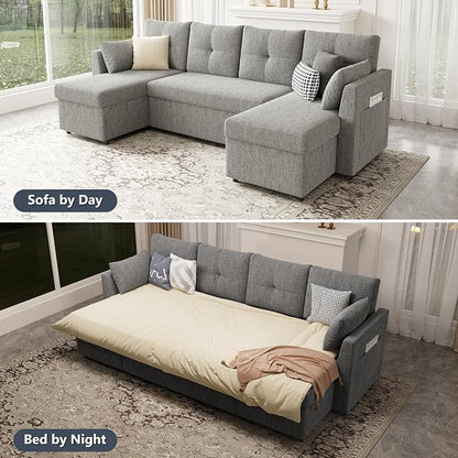Huatean Home Oversized Pullout Couch Bed, 110 inch 2 in 1 Sleeper Sofa Couch for Living Room, Sectional Sleeper Sofa Bed with Double Storage Chaise, Side Pockets, Light Grey