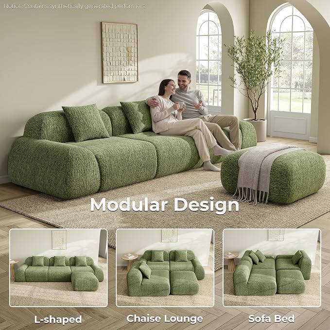 LIKIMIO LumiPebble Modular Sectional Sofa with Ottoman, 110" L-Shaped Boneless Couch for Living Room, Deep Seat with LuxeChenille Upholstery, No Assembly Required, Olive Green
