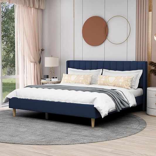 AGARTT Upholstered Platform Bed Frame King Size with Headboard and Footboard/Wooden Slats Support/No Box Spring Needed/Easy Assembly,Blue Velvet