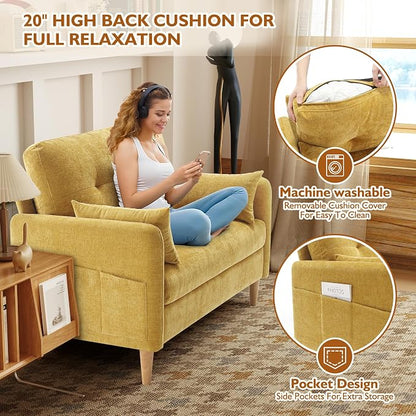 Urhanherry 47" Small Sofa Couch for Bedroom, Soft Chenille loveseat Mini Couch with Throw Pillow and Removable Cushion Cover for Small Spaces, Living Room, Apartment, Dorm, Office(Yellow)