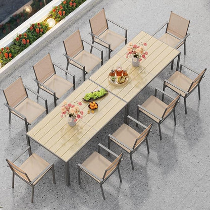 Ahomly Patio Table and Chairs Set for 6, Outdoor Dining Set Includes 59.5" Rectangle Patio Table with Side Umbrella Hole and 6 Textilene Fabric Patio Chairs for Backyard, Courtyard, Poolside, Brown
