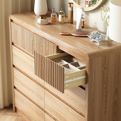 LYNSOM 9 Drawer Dresser for Bedroom, 50" Wide Fluted Dresser with Curved Corners, Wood Dressers & Chests of Drawers with Dual-Panel Design for Bedroom, Entryway, Oak