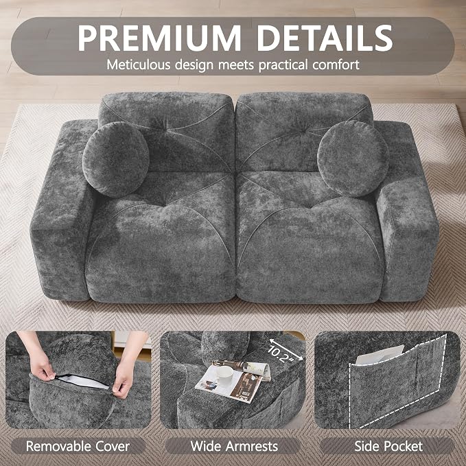 82" Modular Sectional Cloud Couch, Loveseat Sofa Boneless Couches, 2 Deep Seat Modern Comfy Velvet Sofa for Living Room, Bedroom, Apartment (Grey)