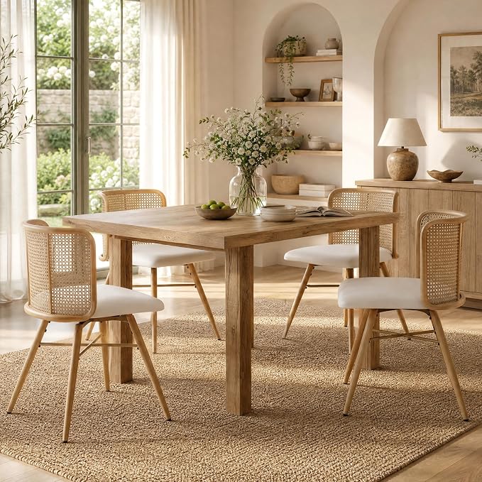TYBOATLE Farmhouse Rattan Dining Chairs Set of 4 (Cream White) | Boho, Natural Cane Woven Back, Faux Leather Seat, Metal Legs, Upholstered, Kitchen, Dining Room