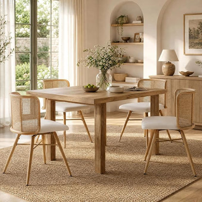 TYBOATLE Farmhouse Rattan Dining Chairs Set of 4 (Cream White) | Boho, Natural Cane Woven Back, Faux Leather Seat, Metal Legs, Upholstered, Kitchen, Dining Room