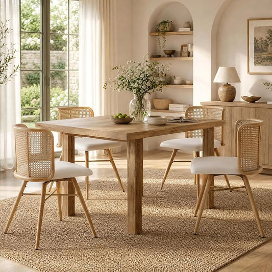 TYBOATLE Farmhouse Rattan Dining Chairs Set of 4 (Cream White) | Boho, Natural Cane Woven Back, Faux Leather Seat, Metal Legs, Upholstered, Kitchen, Dining Room