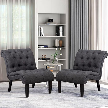 Accent Chairs Set of 2 Upholstered Living Room Bedroom Side Chairs Curved Button Tufted Armless Lounge Chair with Wood Legs Gray Fabric