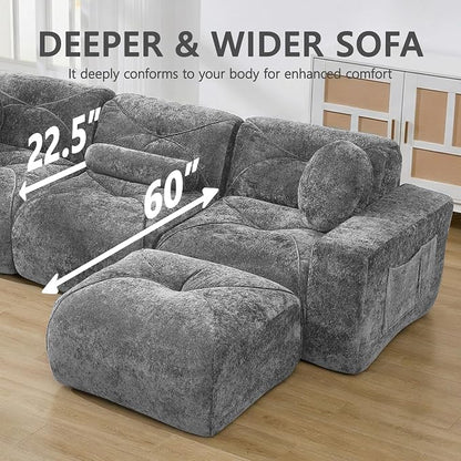 112" Modular Sectional Cloud Couch, L Shaped Sofa Boneless Couches with Movable Ottoman, 3 Deep Seat Modern Comfy Velvet Sofa for Living Room, Bedroom, Apartment (Grey)