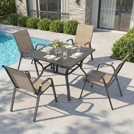 Outdoor Dining Set for 4,5pcs Patio Table and Chairs Set with Adjustable Umbrella Hole,37.8”x37.8” Square Metal Outdoor Table and Stackable Patio Chair for Yard, Garden, Porch