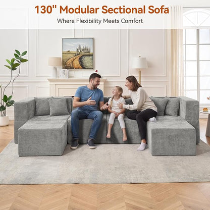 MONVANE Modular Sectional Cloud Couch for Living Room - 130'' 6 Seater Convertible Chenille Couches Set with Ottoman, No Assembly Compression Sofas, Comfy Floor Sofa with Memory Foam, Light Grey