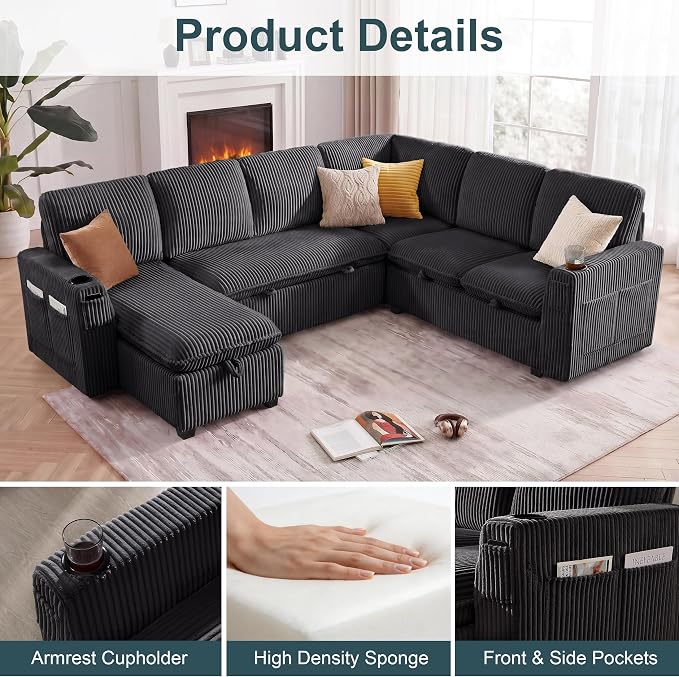 Sectional Sleeper Sofa with Pull Out Bed, Plush Corduroy 7 Seat Modular Sectional Sofa with Storage Chaise and Adjustable Backrest, Cloud Couches for Living Room, Apartment, Dark Grey