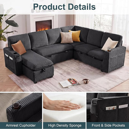 Sectional Sleeper Sofa with Pull Out Bed, Plush Corduroy 7 Seat Modular Sectional Sofa with Storage Chaise and Adjustable Backrest, Cloud Couches for Living Room, Apartment, Dark Grey