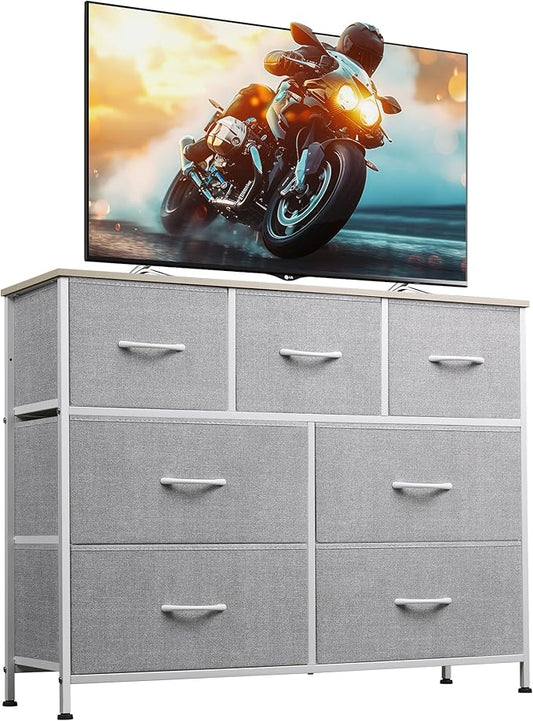 WLIVE 7 Drawer Dresser TV Stand, Entertainment Center, Media Console Table with Metal Frame and Wood Top for TV up to 45 inch, Chest of Drawers for Bedroom, Living Room, Light Grey