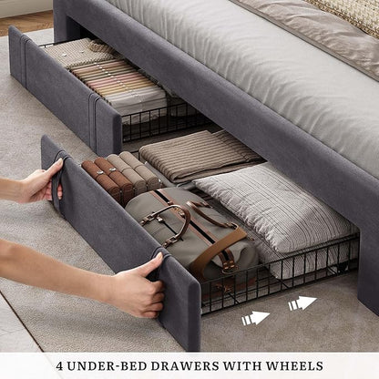 YITAHOME King Size Bed Frame with Adjustable Headboard, 4 Storage Drawers and RGB LED Lights, Velvet Upholstered Platform Bed with USB Ports, No Box Spring Needed, Fast Assembly, Noise-Free, Dark Grey