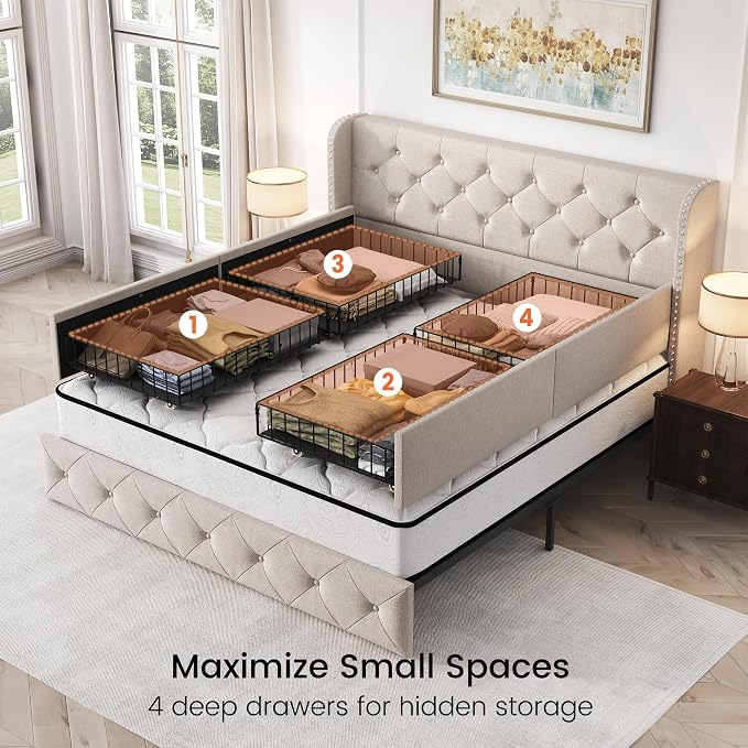 LARMACE Queen Size Bed Frame with 4 Storage Drawers and 47.2" Tall Tufted Headboard Linen Upholstered Platform Bed Frame Wingback Beds with Wooden Slats Support, Easy Assembly, Beige
