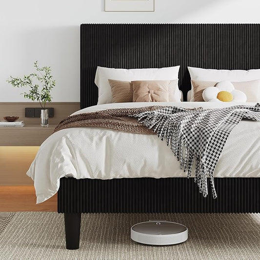 Allewie Full Size Upholstered Bed Frame with Vertical Channel Tufted Headboard, Soft Corduroy Fabric Platform Bed, Strong Wooden Slats Support, Easy Assembly, No Box Spring Needed, Black