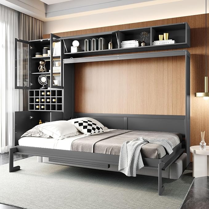 Queen Murphy Bed with Couch, Storage Shelves and USB, Folding Wall Bed | Stores bed and mattress together, with built-in light, 600 lbs capacity and 8-10 in mattress support for small spaces