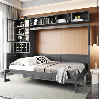 Queen Murphy Bed with Couch, Storage Shelves and USB, Folding Wall Bed | Stores bed and mattress together, with built-in light, 600 lbs capacity and 8-10 in mattress support for small spaces