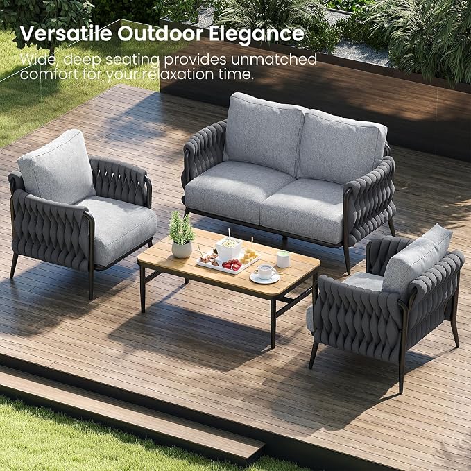 Jocoevol Outdoor Patio Sofa Set 5-Piece, Outdoor 4-Seat Couch Set with Coffee Table, Waterproof Thick Cushion Patio Conversation Set, All Weather Outdoor Furniture for Deck, Lawn, Balcony