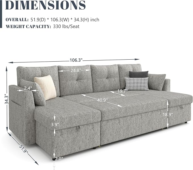 Huatean Home Oversized Pullout Couch Bed, 110 inch 2 in 1 Sleeper Sofa Couch for Living Room, Sectional Sleeper Sofa Bed with Double Storage Chaise, Side Pockets, Light Grey