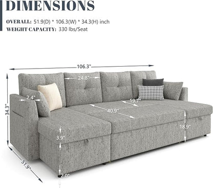 Huatean Home Oversized Pullout Couch Bed, 110 inch 2 in 1 Sleeper Sofa Couch for Living Room, Sectional Sleeper Sofa Bed with Double Storage Chaise, Side Pockets, Light Grey