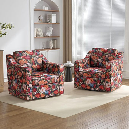 Swivel Accent Chairs Set of 2, 360° Swivel Upholstered Club Armchairs for Living Room, Comfy Fabric Single Sofa Reading Chair with Deep Seat, Metal Swivel Base, Black Floral