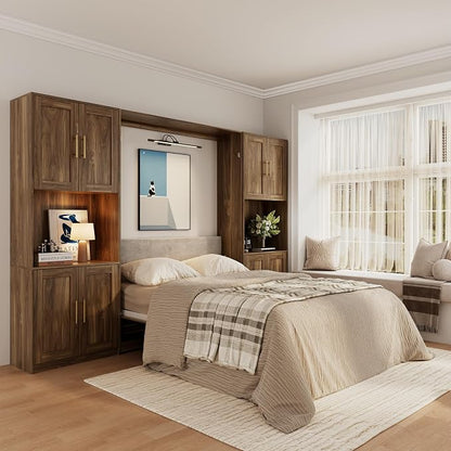 Bobve Farmhouse Murphy Bed Queen, 85" Wall Bed Folds to Save Space, Concealed Bed Frame with 2 Storage Cabinets and Wall Mounted Features for Apartment/Office/Guest Room
